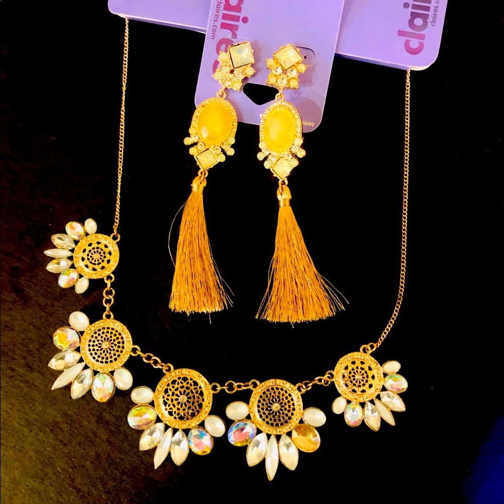 Faux crystal necklace & dangle rose gold fringe earrings set